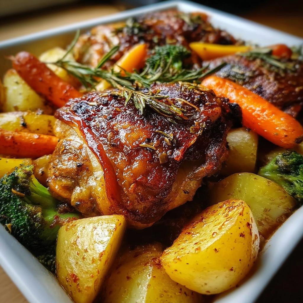 A close-up of a golden-brown chicken thigh nestled among roasted potatoes, carrots, and broccoli in a Comforting Chicken Thigh Stew.