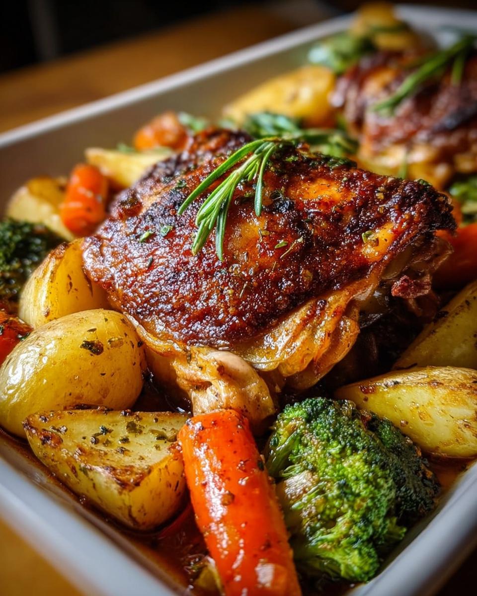 Close-up of a crispy, browned chicken thigh nestled among roasted potatoes, carrots, and broccoli in a rich sauce.