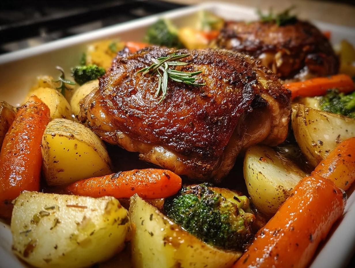 Close-up of a Comforting Chicken Thigh Stew featuring crispy chicken thighs, roasted potatoes, carrots, and broccoli.