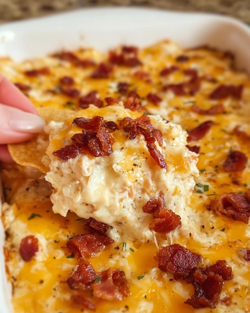 A hand dips a tortilla chip into a cheesy, creamy Crack Chicken Style Dinner Bowl dip topped with bacon.