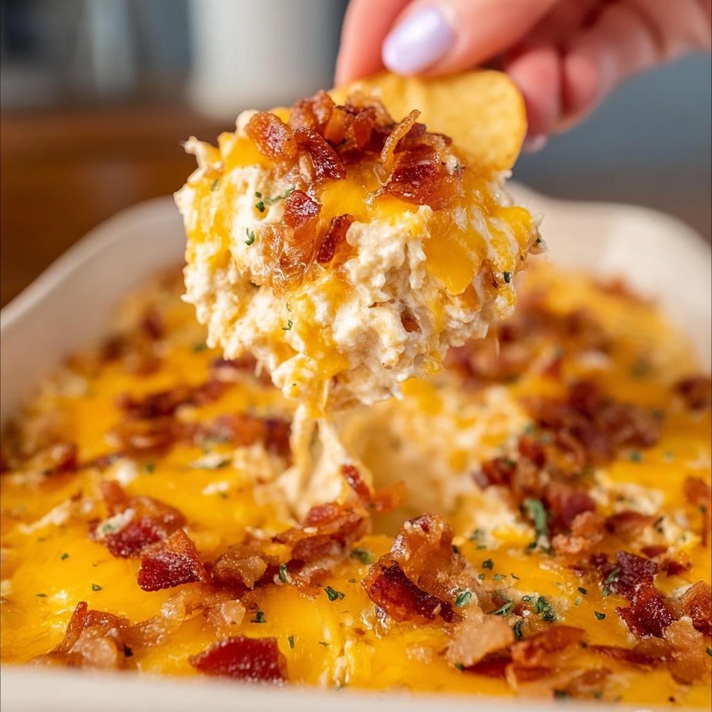 A chip scooping creamy Crack Chicken Style Dinner Bowl dip topped with melted cheese and bacon.
