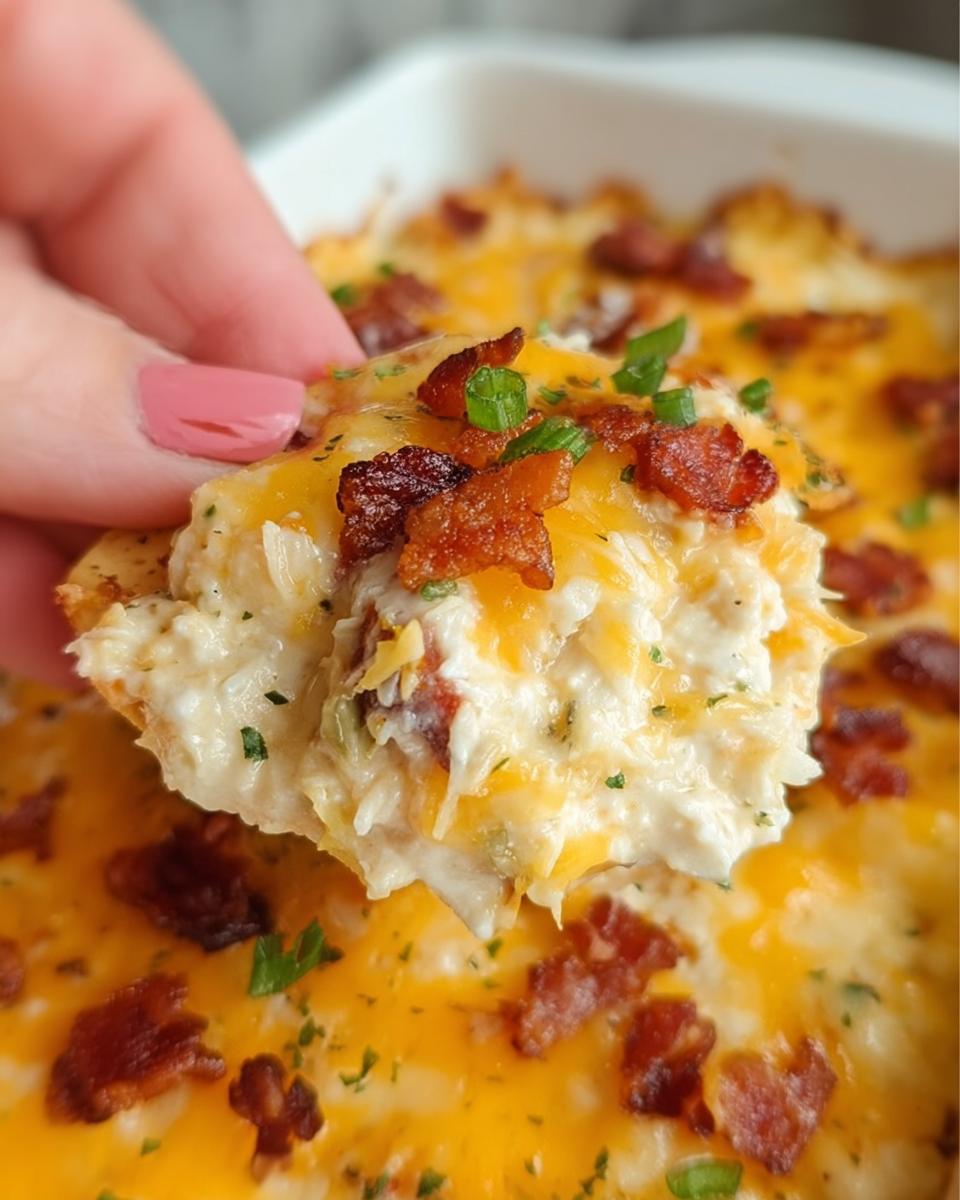 A hand scoops creamy, cheesy filling from a Crack Chicken Style Dinner Bowl topped with bacon and green onions.