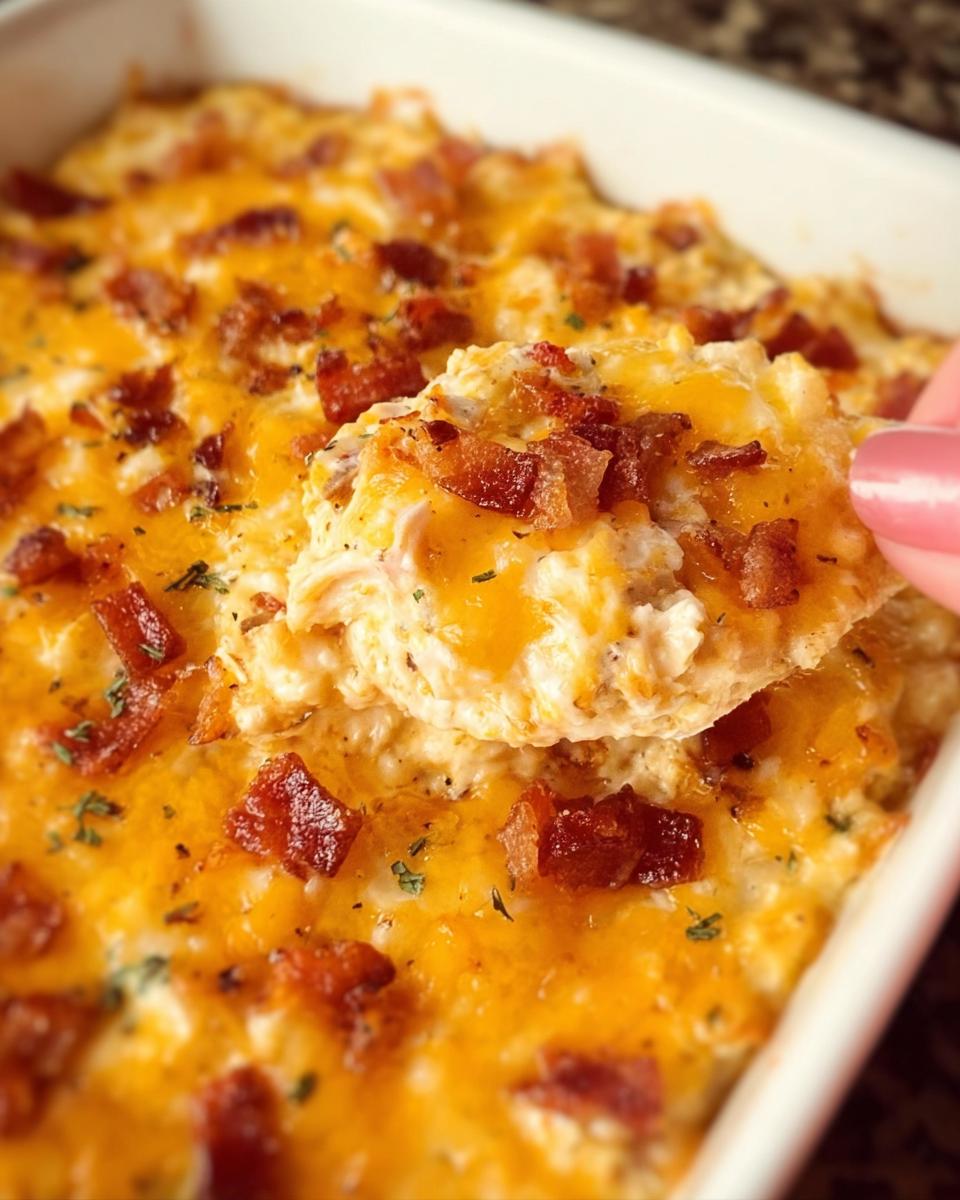 A hand scoops a creamy portion of the Crack Chicken Style Dinner Bowl topped with melted cheddar and bacon.