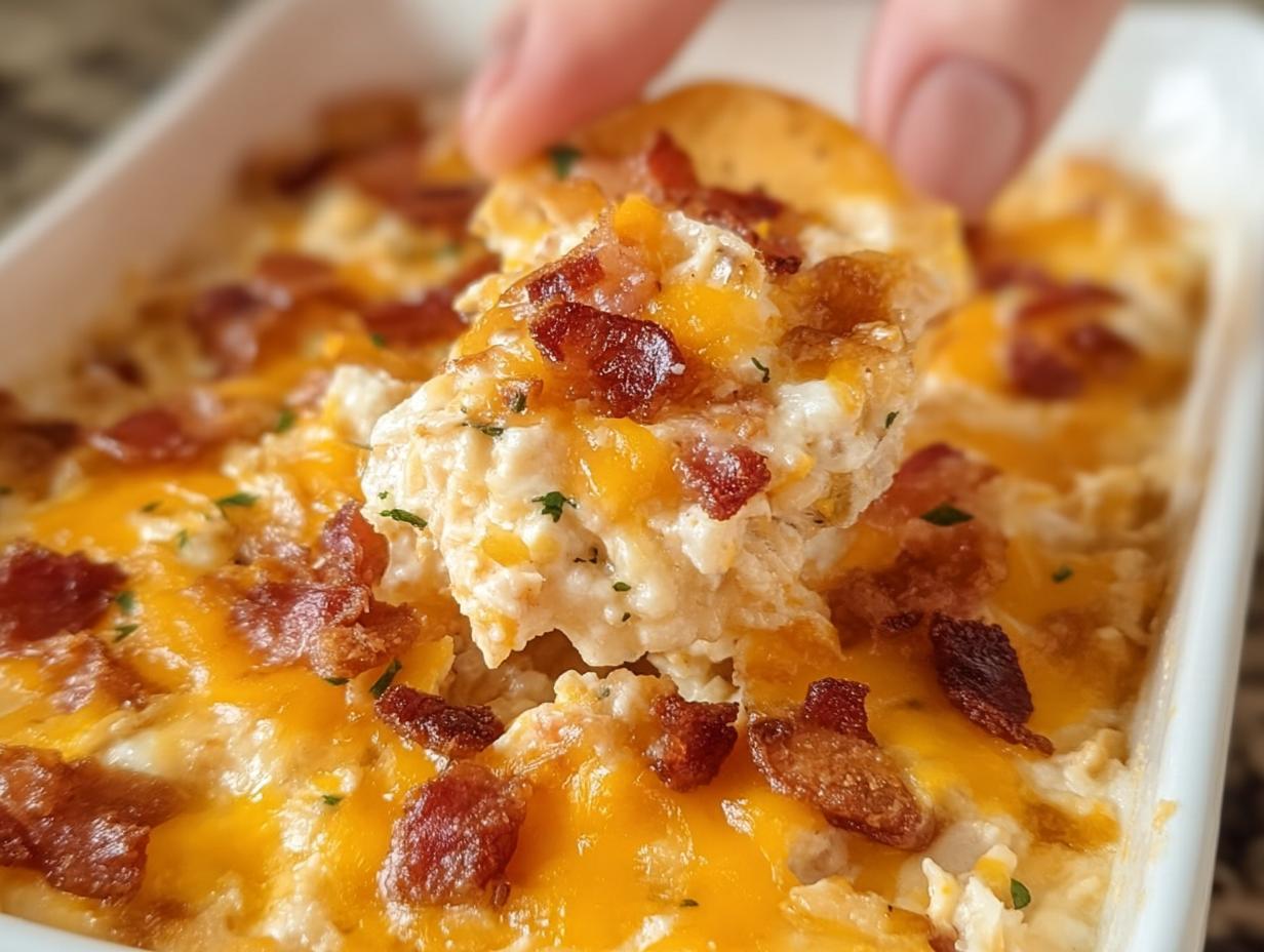 A cracker scooping creamy Crack Chicken Style Dinner Bowl dip topped with melted cheddar and bacon.