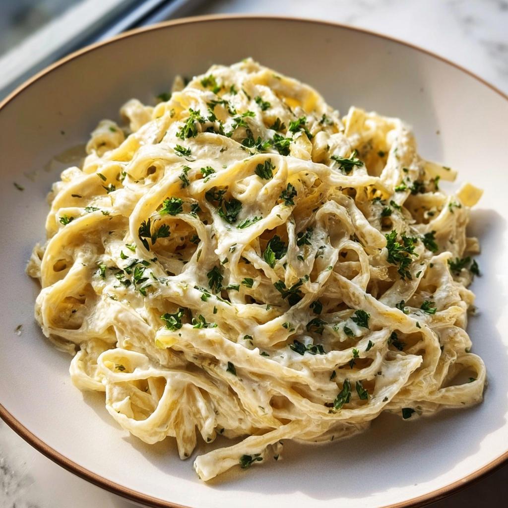 A close-up of fettuccine pasta generously coated in rich Creamy Alfredo Sauce and topped with fresh parsley.