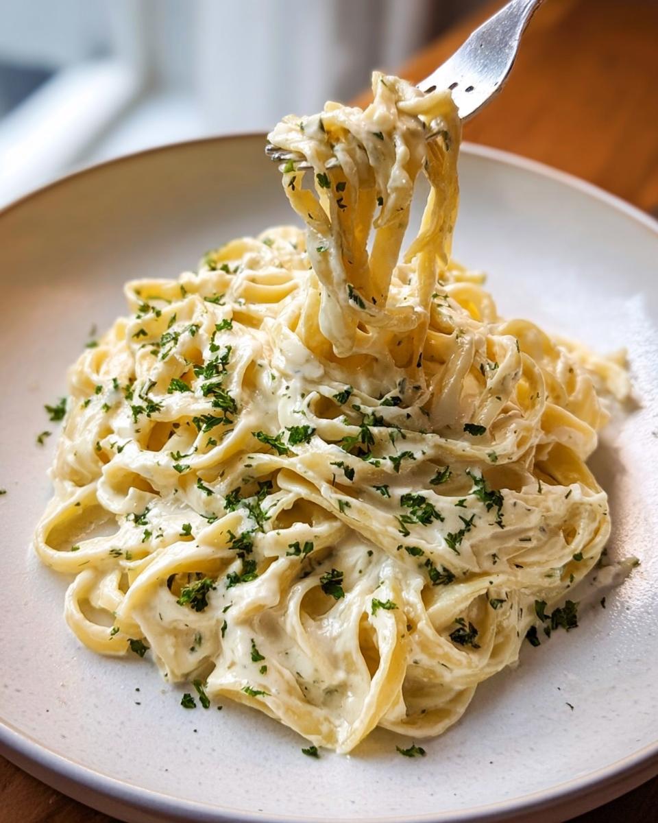 A fork lifting fettuccine noodles coated in rich Creamy Alfredo Sauce for Any Pasta, garnished with parsley.