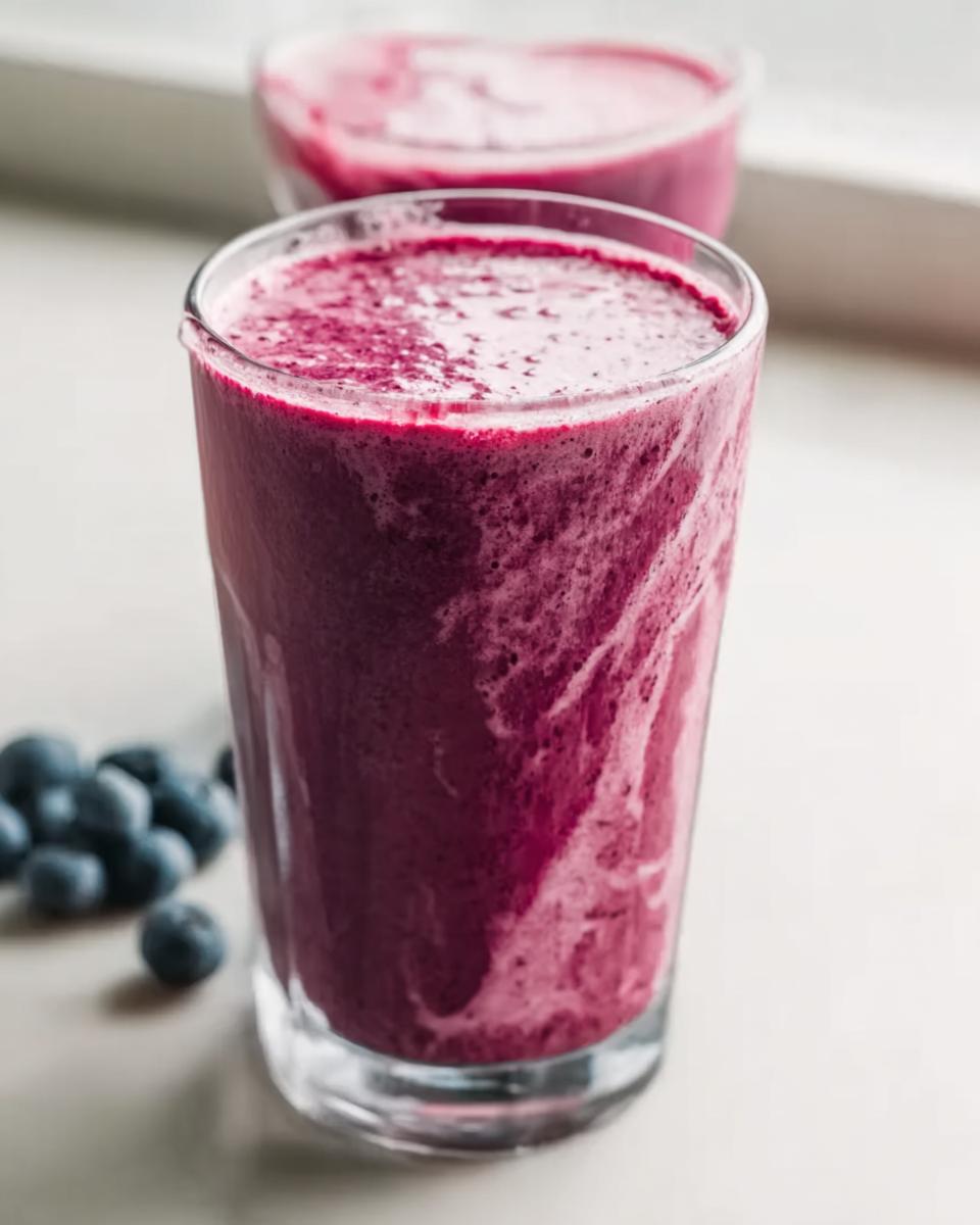 A tall glass filled with a vibrant, creamy Berry Banana Smoothie, with fresh blueberries scattered nearby.