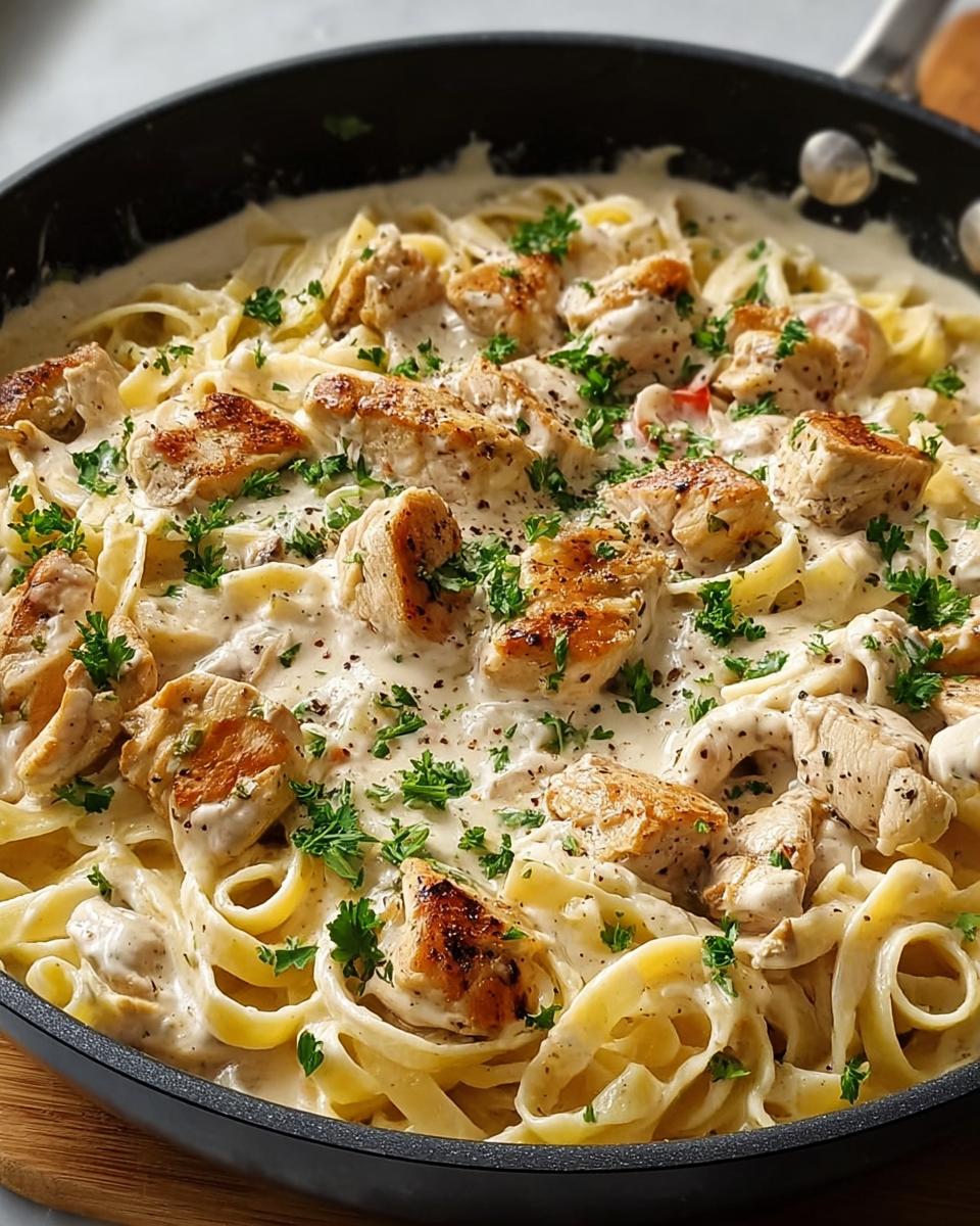 Close-up of Chicken Alfredo Skillet with creamy sauce, grilled chicken pieces, and parsley garnish.