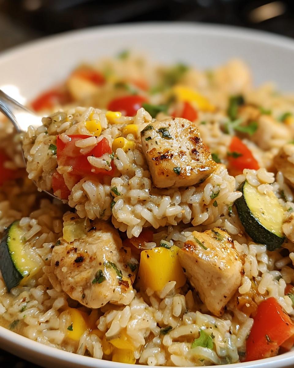A spoonful lifted from a bowl of Creamy Chicken and Rice Skillet with veggies like zucchini, peppers, and corn.