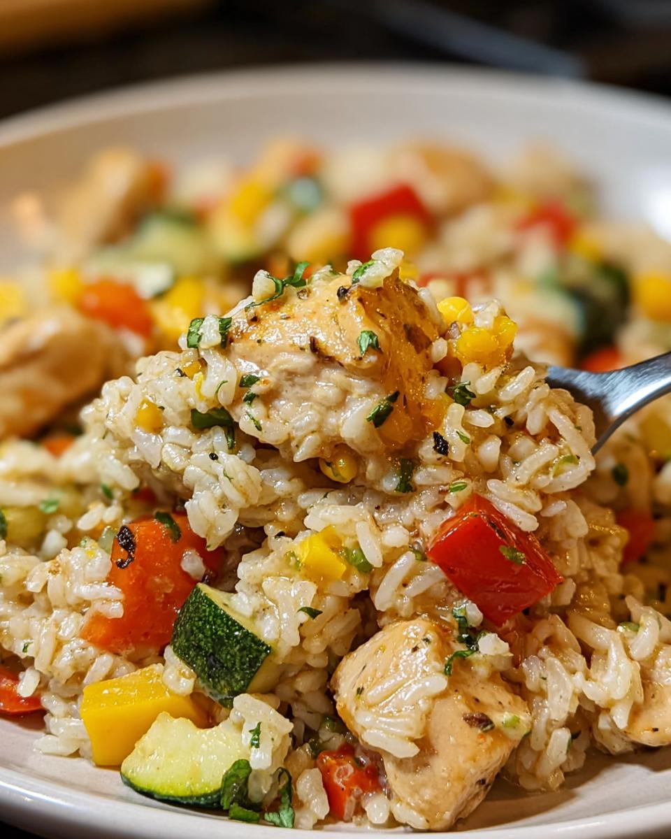 A spoonful of creamy chicken and rice skillet mixed with colorful diced zucchini, peppers, and corn, garnished with herbs.