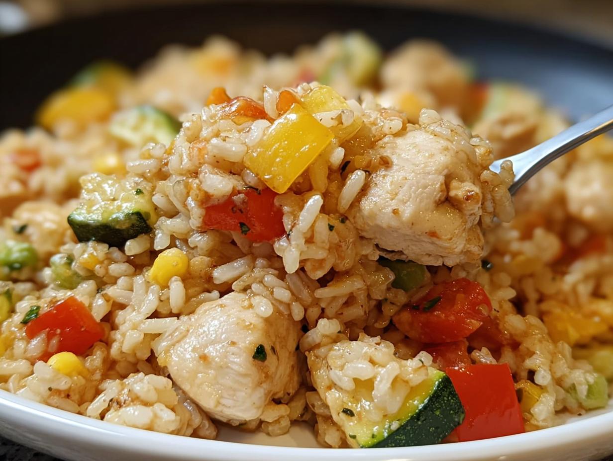 A fork lifting a bite of creamy chicken and rice skillet mixed with colorful bell peppers, zucchini, and corn.