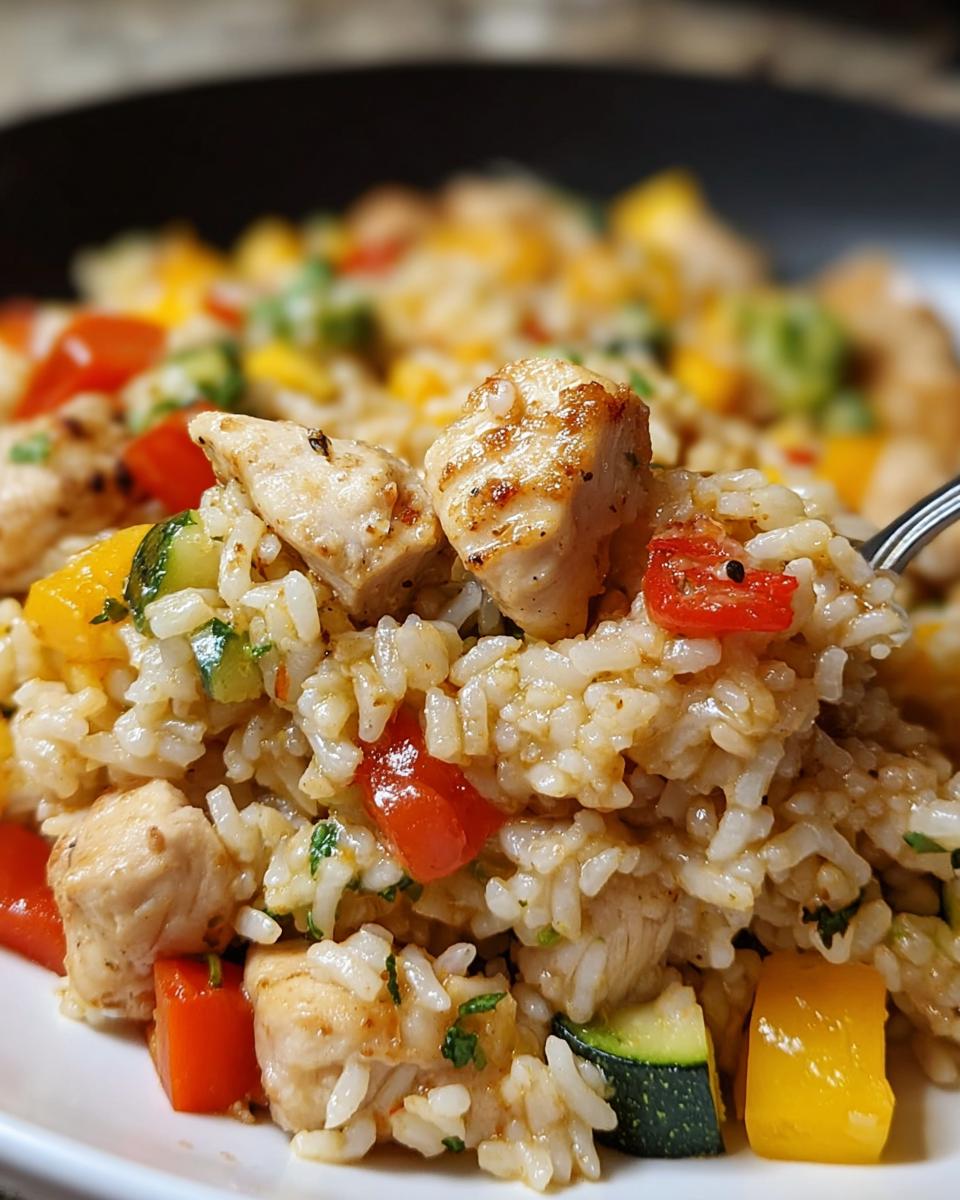 A spoonful of creamy chicken and rice skillet with veggies, featuring seared chicken pieces and colorful bell peppers and zucchini.