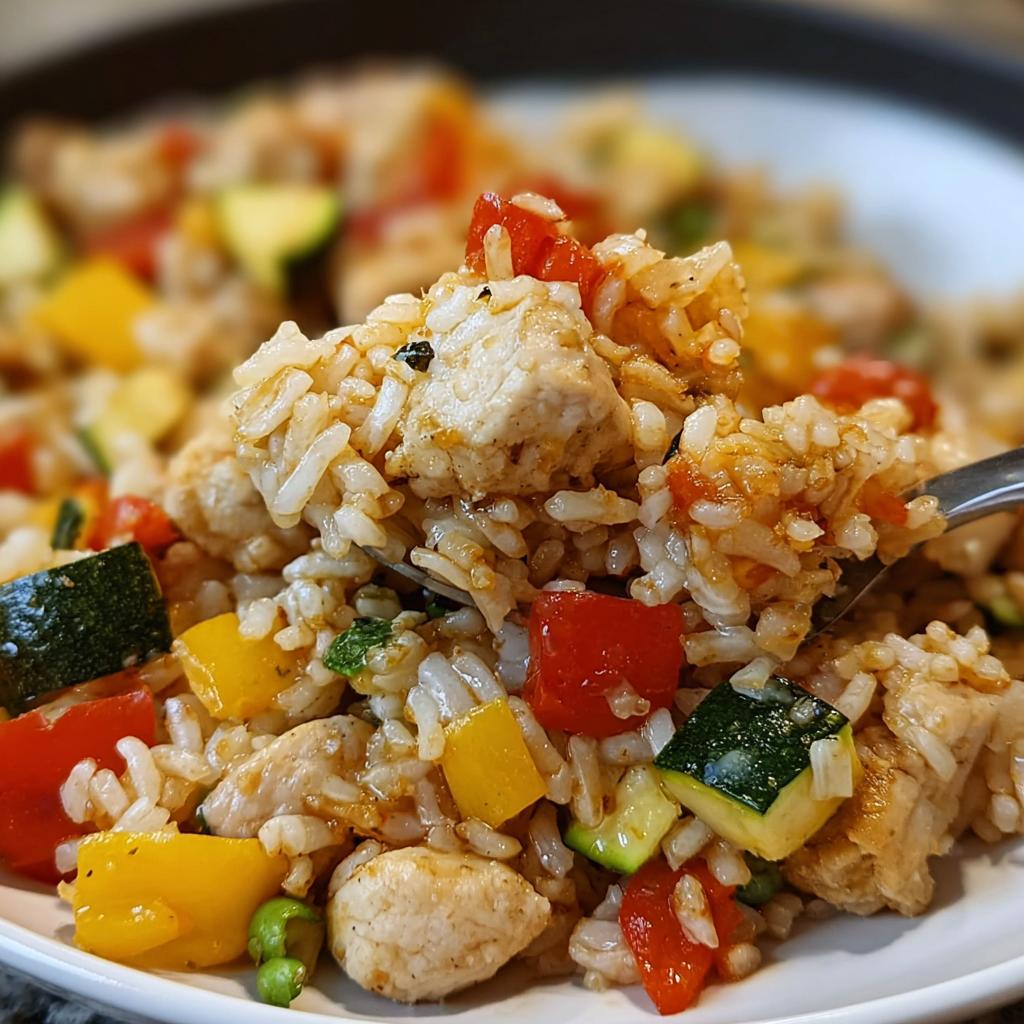 Close-up of a spoonful of Creamy Chicken and Rice Skillet with diced chicken, zucchini, and bell peppers.