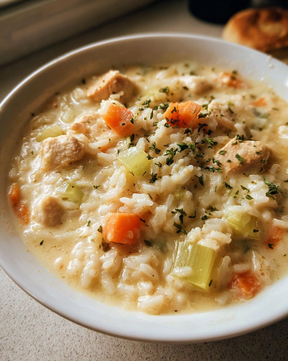 Close-up of a creamy Chicken and Rice Soup Style Bowl with chunks of chicken, carrots, and celery.