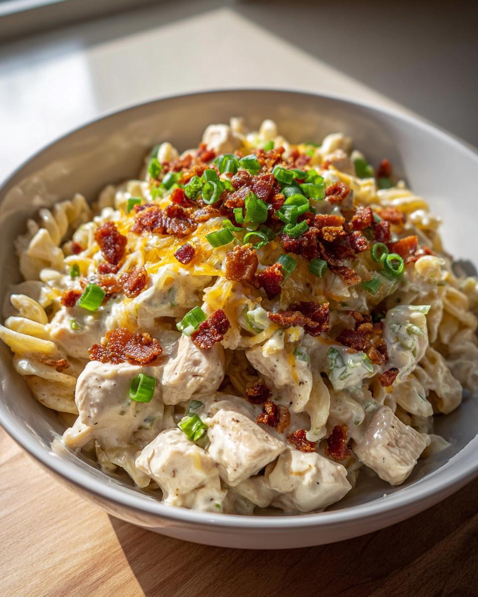 A close-up of creamy Chicken Bacon Ranch Pasta topped with shredded cheese, bacon bits, and green onions.