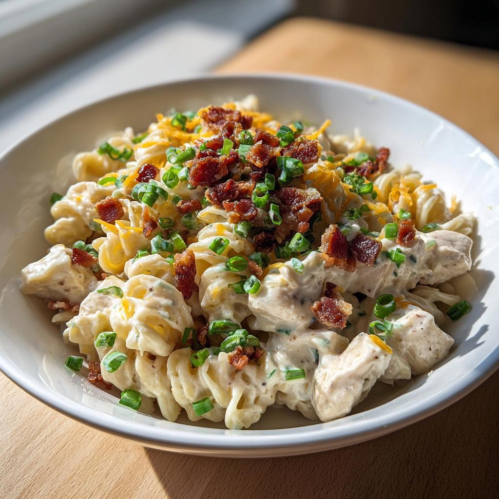 A bowl of creamy Chicken Bacon Ranch Pasta topped with crispy bacon bits and green onions.
