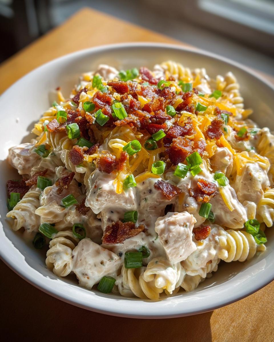 A close-up of creamy Chicken Bacon Ranch Pasta topped with bacon bits, shredded cheese, and green onions.