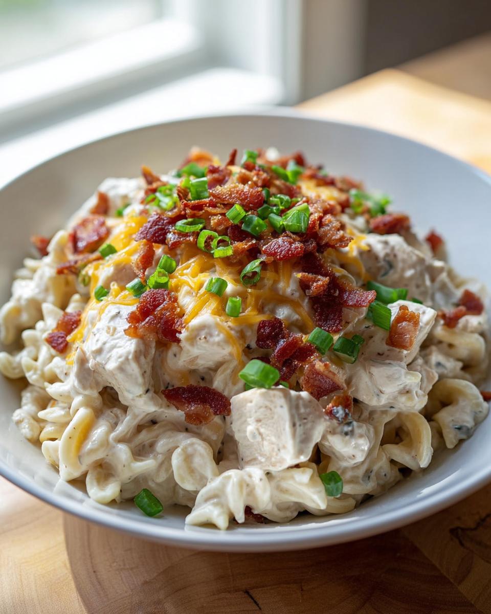 A close-up of creamy Chicken Bacon Ranch Pasta topped with shredded cheese, bacon bits, and green onions.