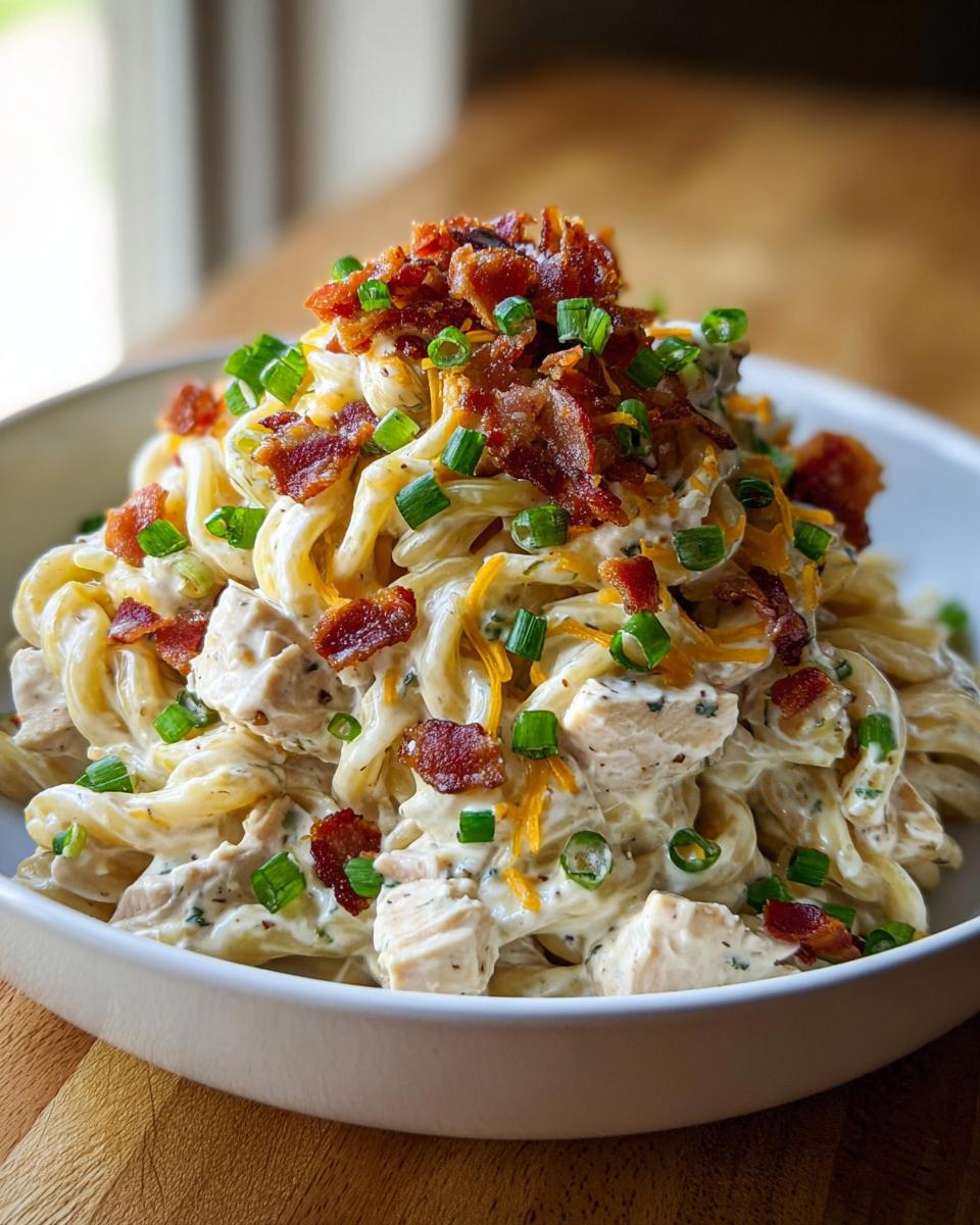 A close-up of creamy Chicken Bacon Ranch Pasta topped with crispy bacon and green onions.
