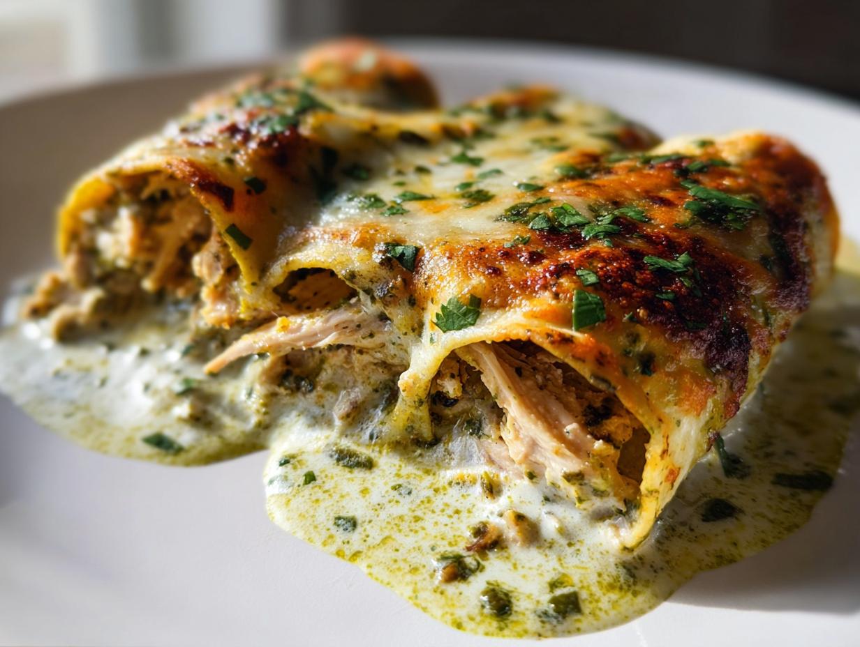 Two baked Chicken Enchiladas covered in melted cheese and creamy green sauce, garnished with fresh parsley.