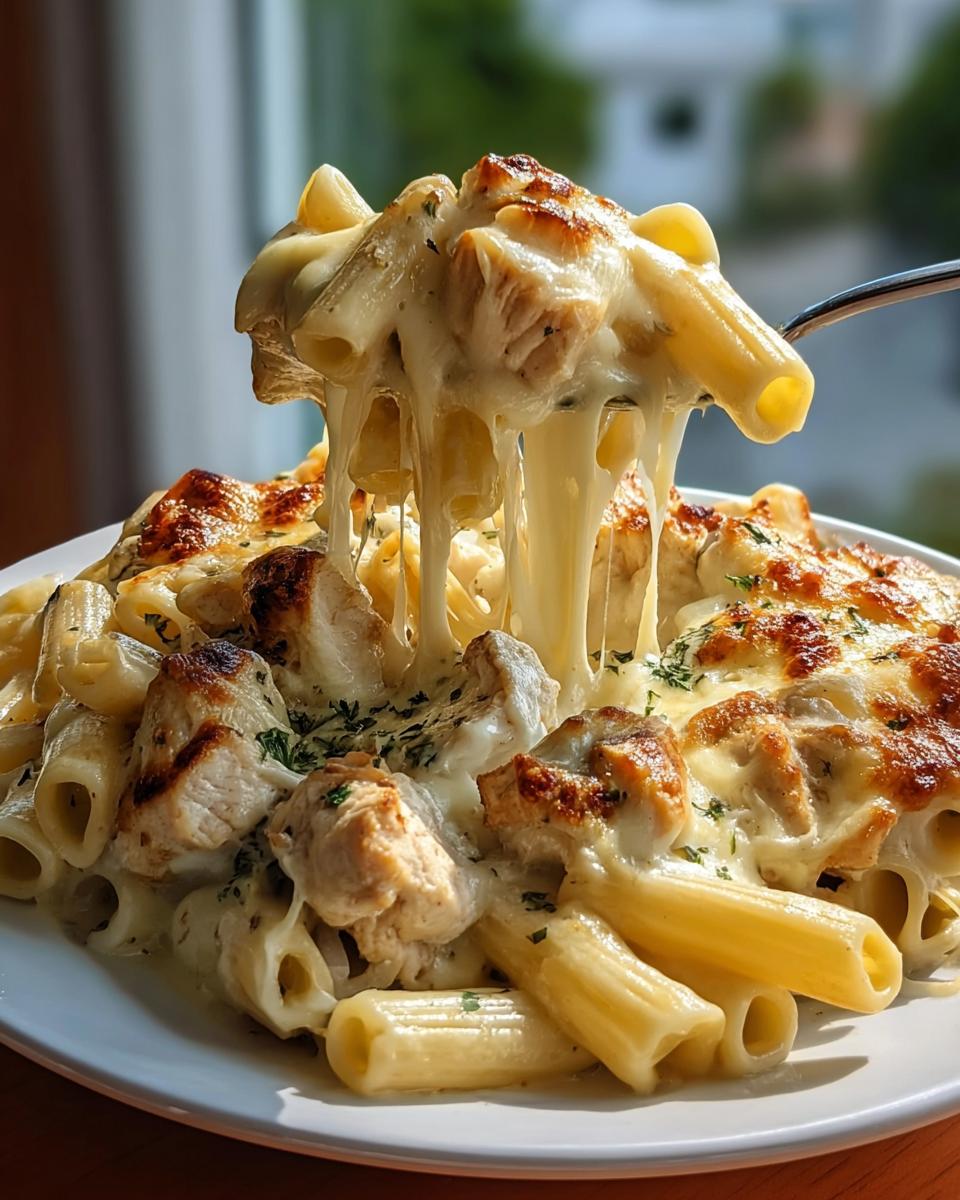 A fork lifts pasta and chicken from a plate, showcasing the extreme cheese pull of the Creamy Garlic Parmesan Chicken Pasta Dinner.