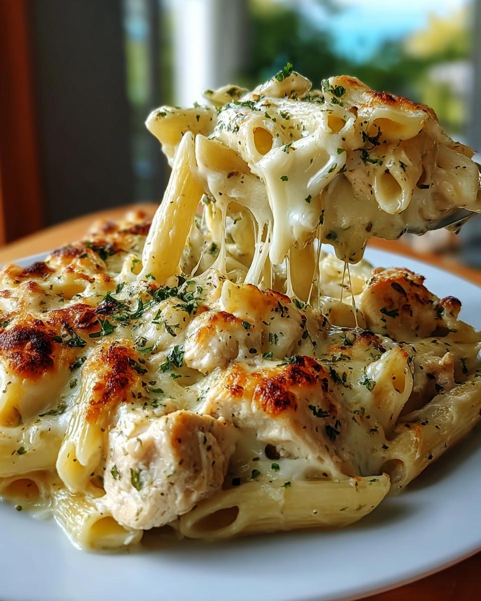 A spoonful of Creamy Garlic Parmesan Chicken Pasta is lifted, showing melted, stretching cheese over penne and chicken pieces.