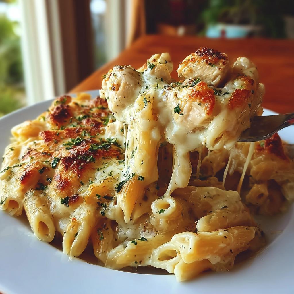A fork lifting a bite of Creamy Garlic Parmesan Chicken Pasta, showing extreme cheese pull and browned topping.