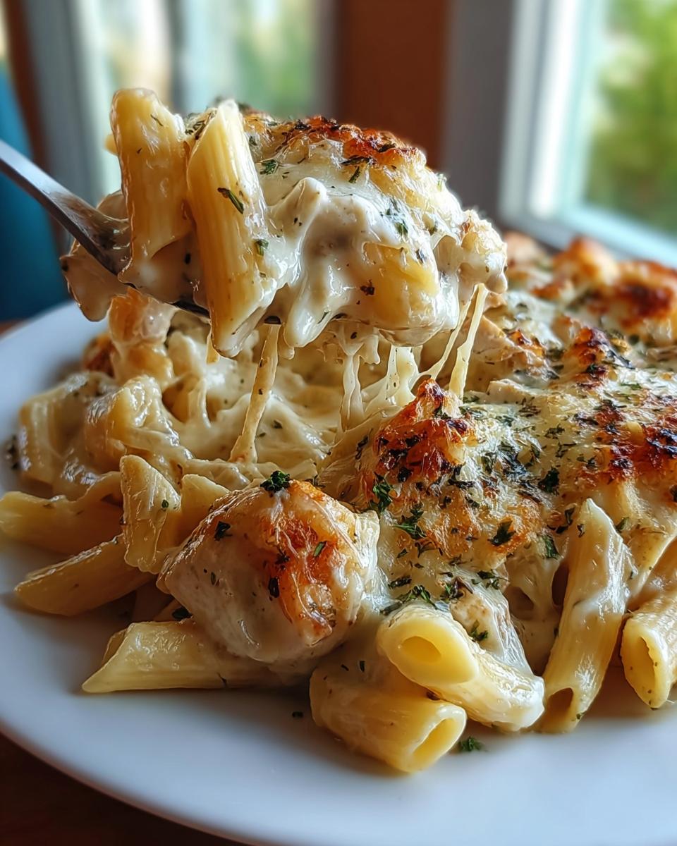 A fork lifts a bite of cheesy Creamy Garlic Parmesan Chicken Pasta Dinner, showing melted cheese strings and penne pasta.