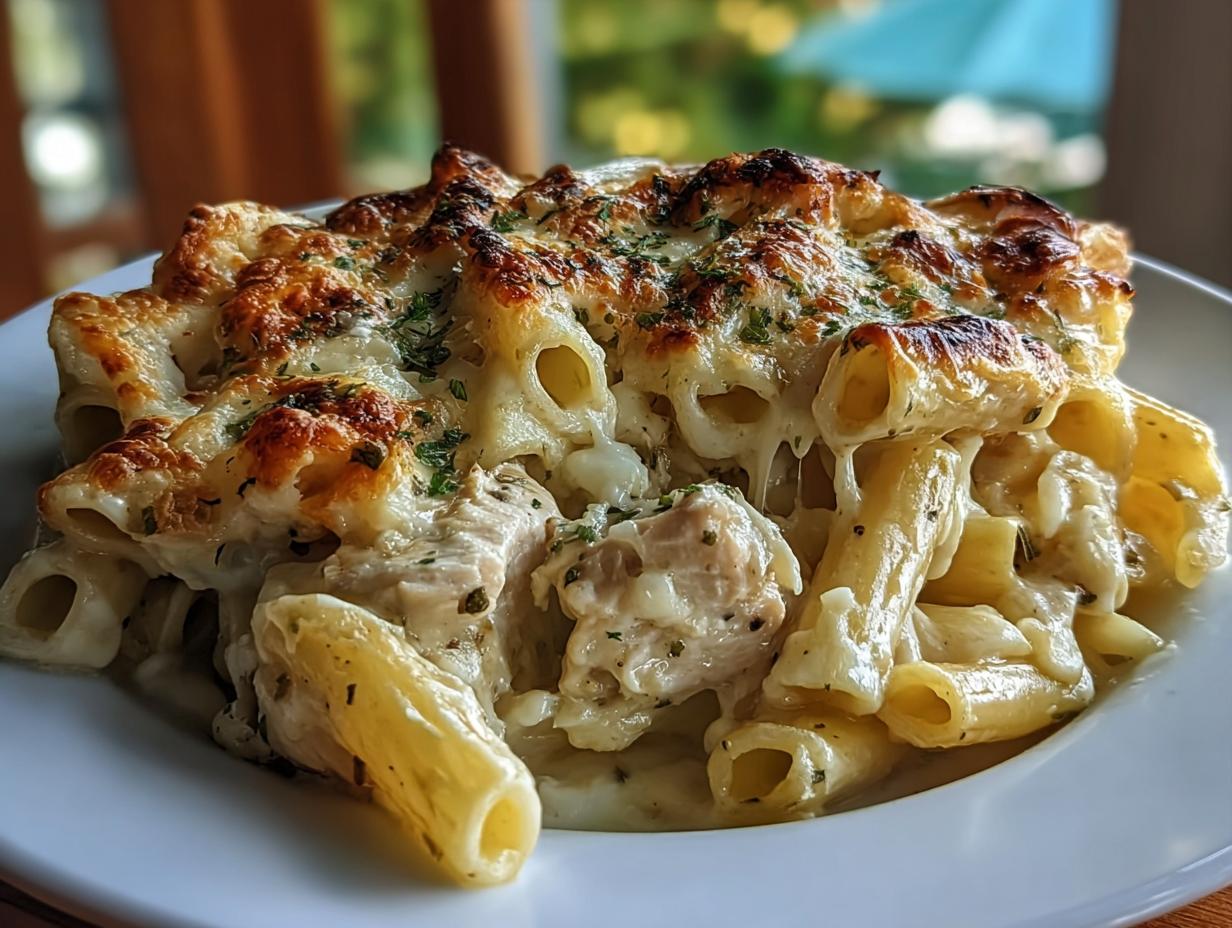 A close-up of baked Creamy Garlic Parmesan Chicken Pasta Dinner with melted, browned cheese topping.