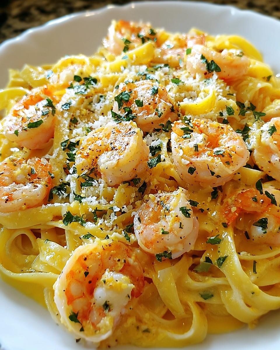 Close-up of creamy Lemon Garlic Shrimp Pasta Style Dinner, featuring fettuccine, plump shrimp, and grated cheese.