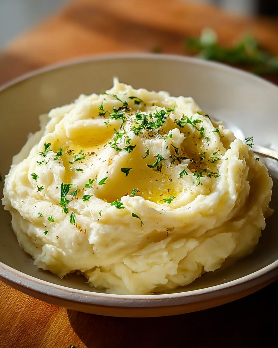 A close-up of creamy Make Ahead Mashed Potatoes topped with melted butter and fresh parsley.