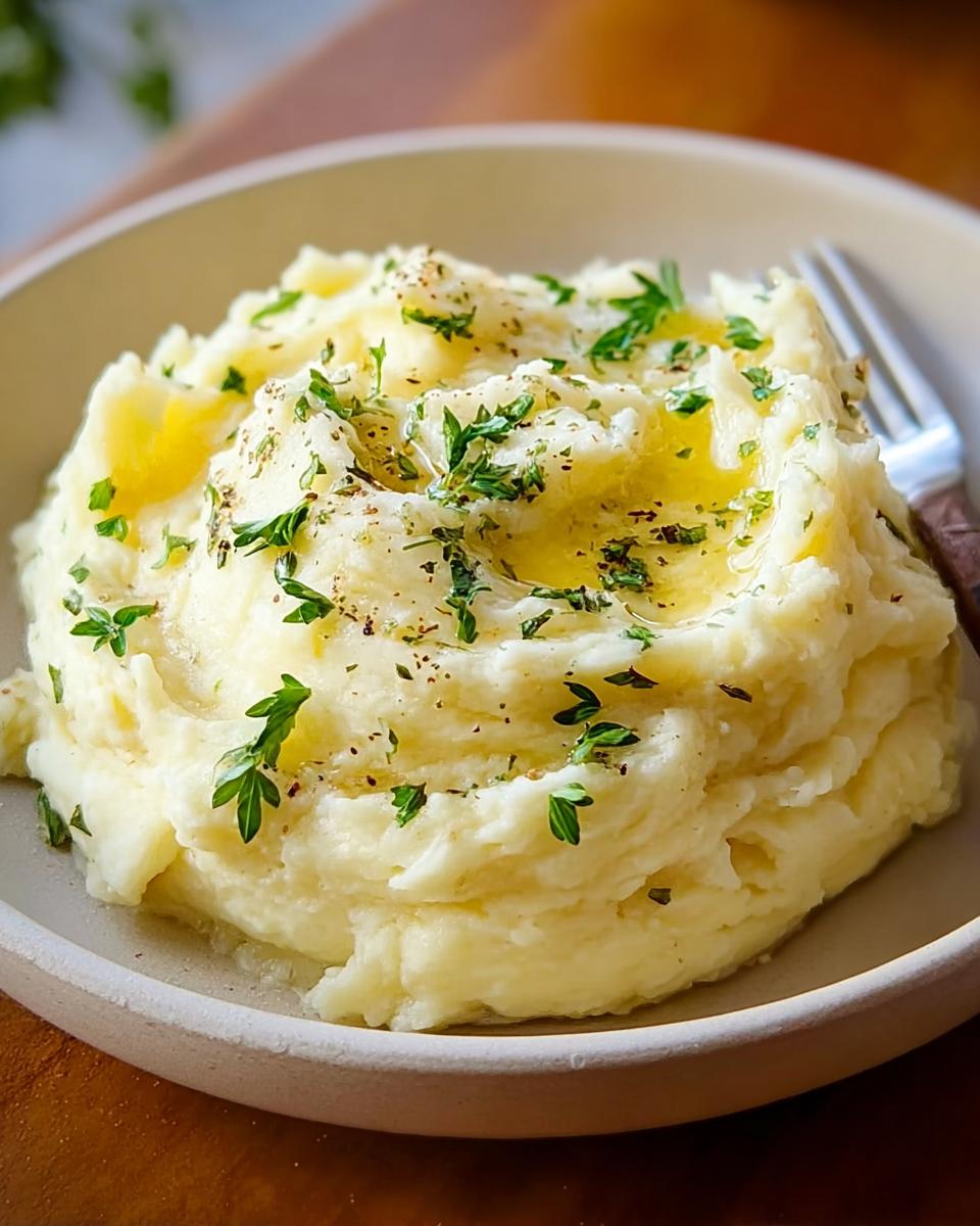 A close-up of creamy Make Ahead Mashed Potatoes topped with melted butter and fresh herbs.