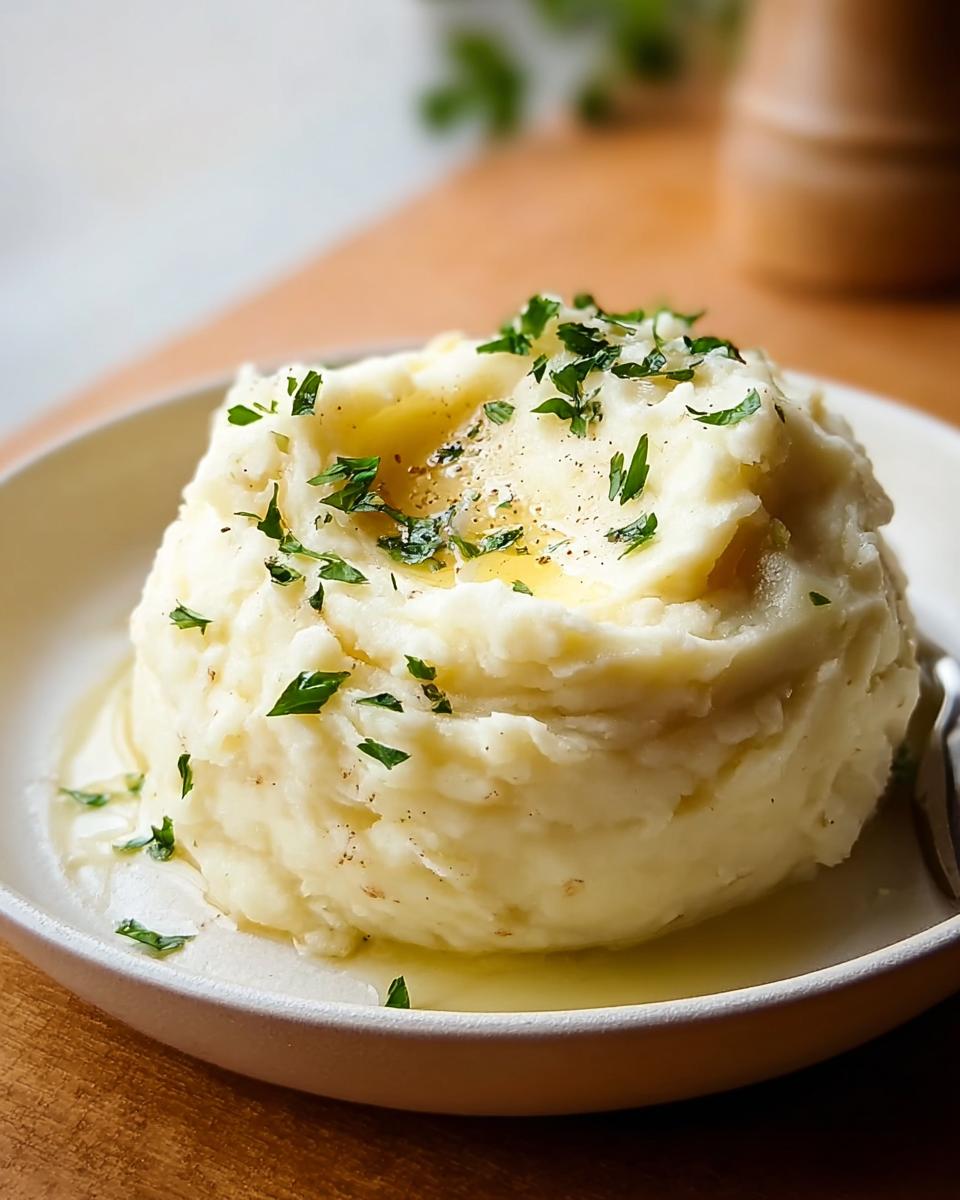 A perfectly scooped mound of creamy Make Ahead Mashed Potatoes topped with melted butter and fresh parsley.