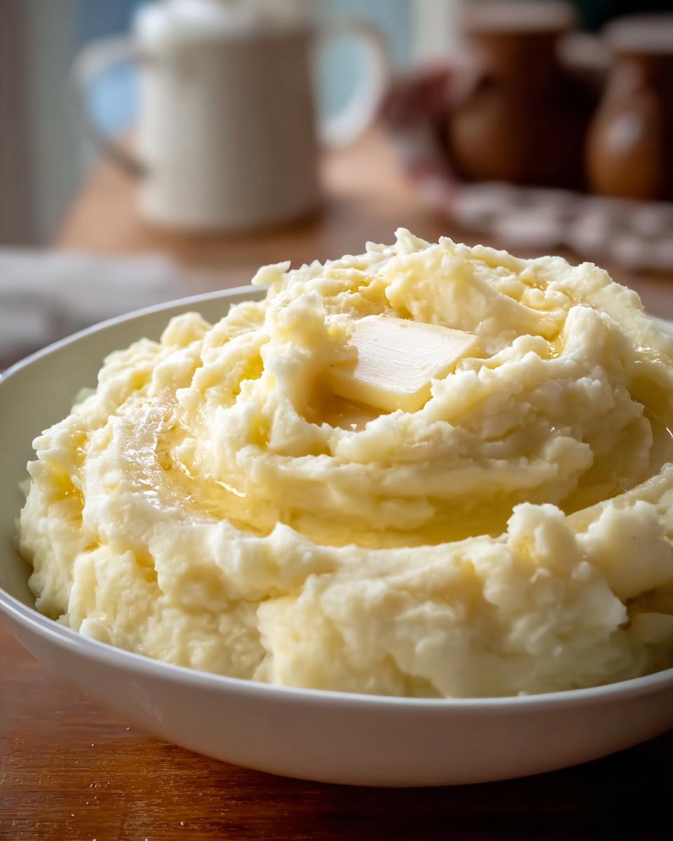 Close-up of fluffy Mashed Potatoes with Cream Cheese Swirl, topped with melting butter.