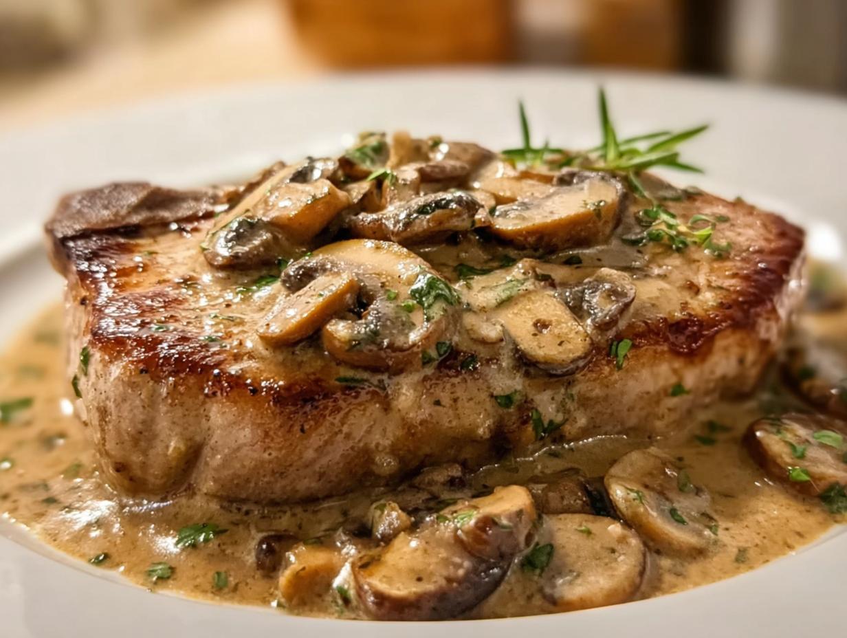 A perfectly seared pork chop smothered in rich, creamy mushroom sauce, ready to eat.