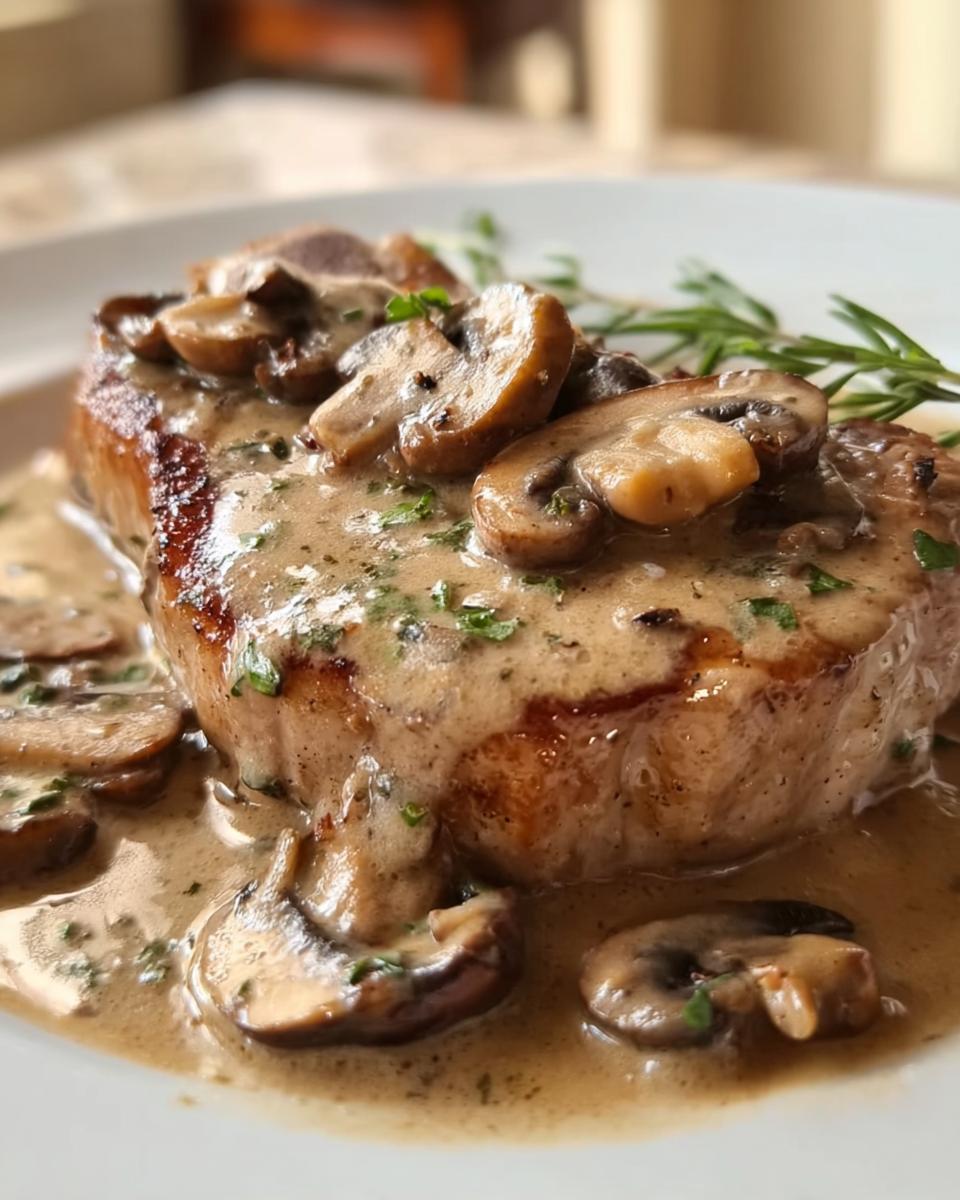 A perfectly seared pork chop smothered in a rich, creamy mushroom sauce and garnished with fresh herbs.