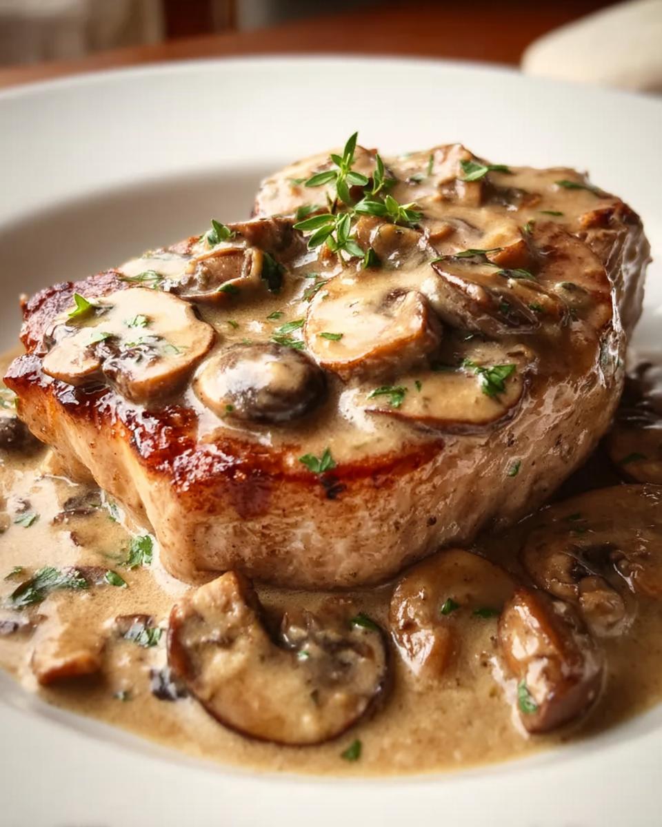 A perfectly seared pork chop smothered in rich, creamy mushroom sauce, garnished with thyme.