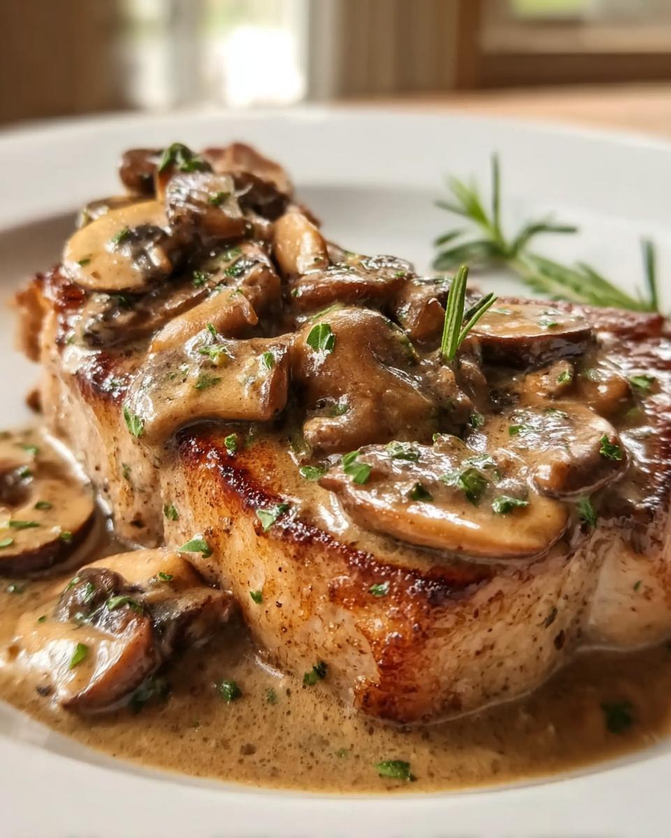 A perfectly seared pork chop smothered in a rich, creamy mushroom sauce, garnished with parsley.