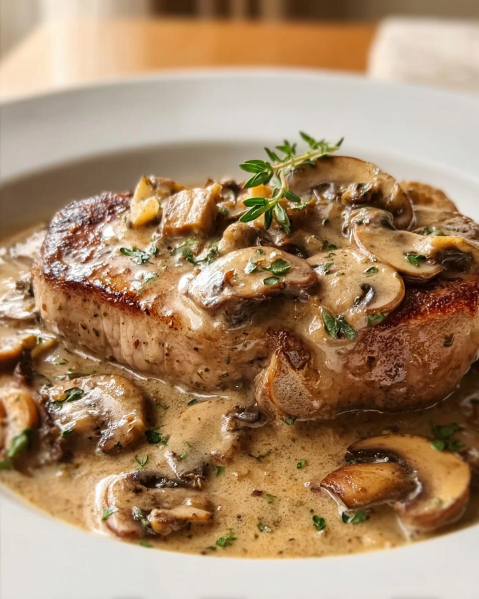 A perfectly seared pork chop smothered in rich, creamy mushroom sauce, garnished with fresh thyme.
