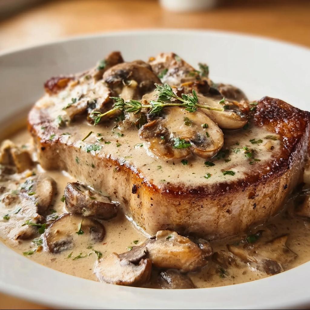 A perfectly seared pork chop smothered in a rich, creamy mushroom sauce, garnished with fresh thyme.