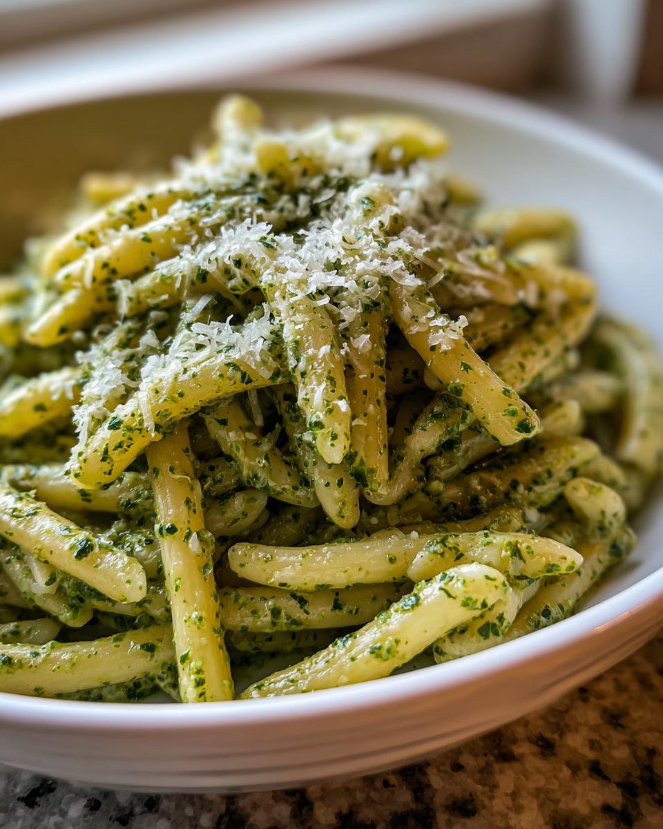 A close-up shot of short, tubular pasta coated in a vibrant green sauce, topped with grated Parmesan cheese for Creamy Pesto Pasta with Bright Basil.