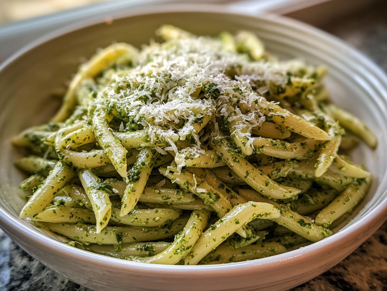 Close-up of a white bowl filled with Creamy Pesto Pasta with Bright Basil, topped with grated Parmesan cheese.