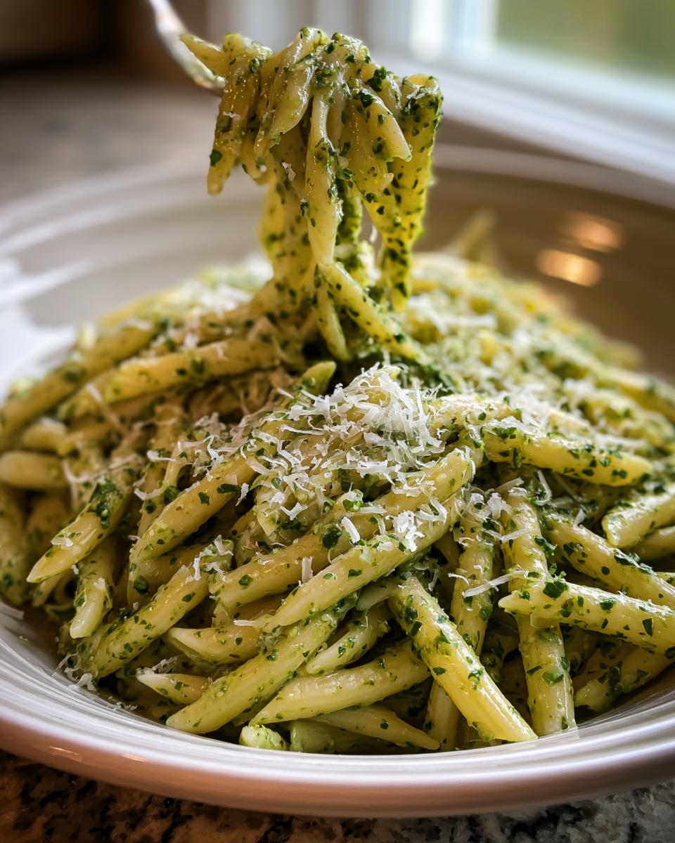 A fork lifts a twirl of penne pasta coated in vibrant green sauce, showcasing the Creamy Pesto Pasta with Bright Basil.