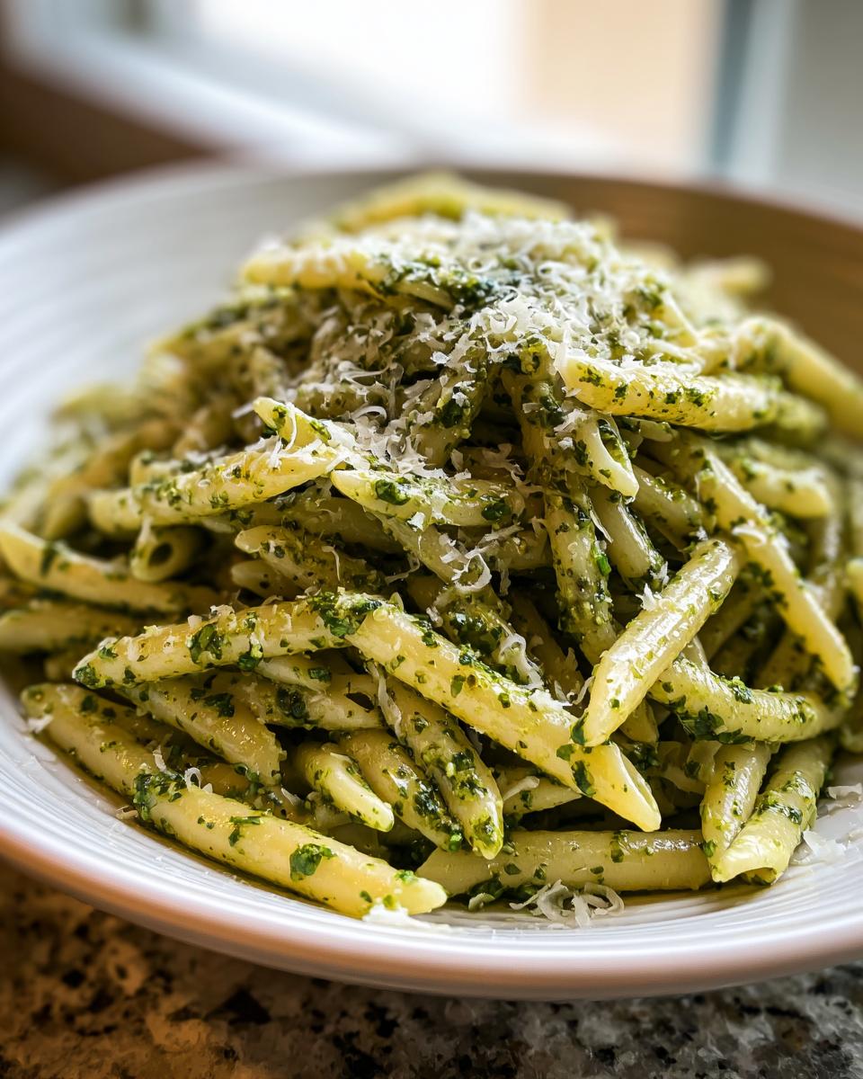 A close-up of penne pasta tossed in a vibrant, creamy pesto pasta sauce and topped with grated Parmesan cheese.