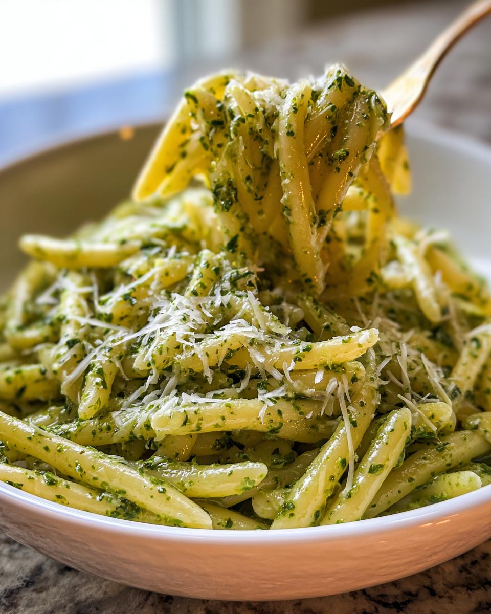 A fork lifts a twirl of penne pasta coated in bright green, creamy pesto pasta with basil, topped with grated Parmesan.