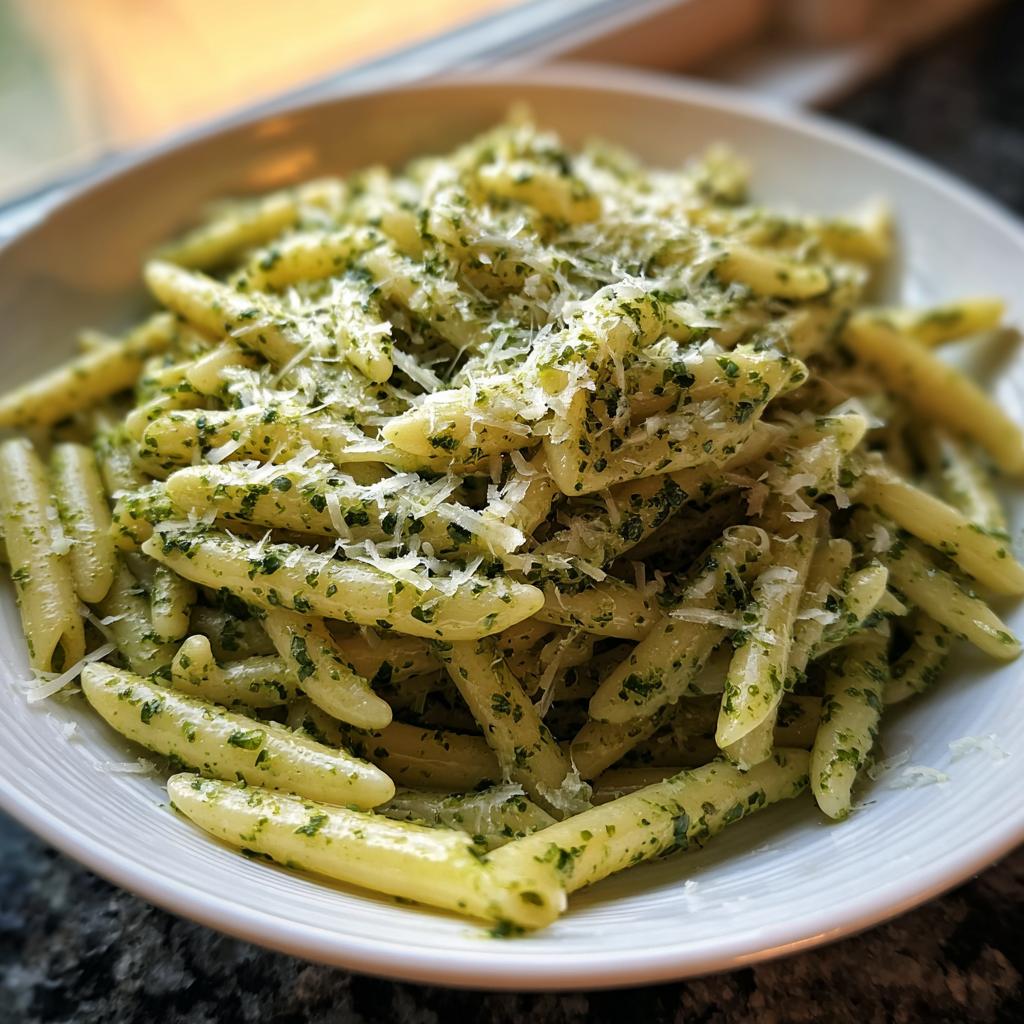 Close-up of penne pasta coated in creamy pesto sauce and topped with grated Parmesan cheese.