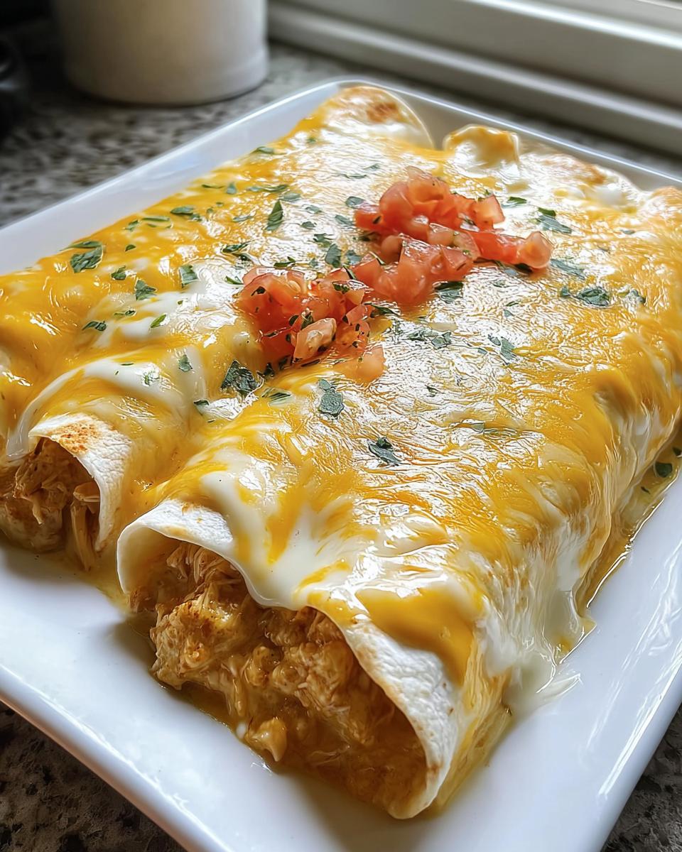 Two Creamy Queso Chicken Enchiladas covered in melted yellow cheese and topped with diced tomatoes.