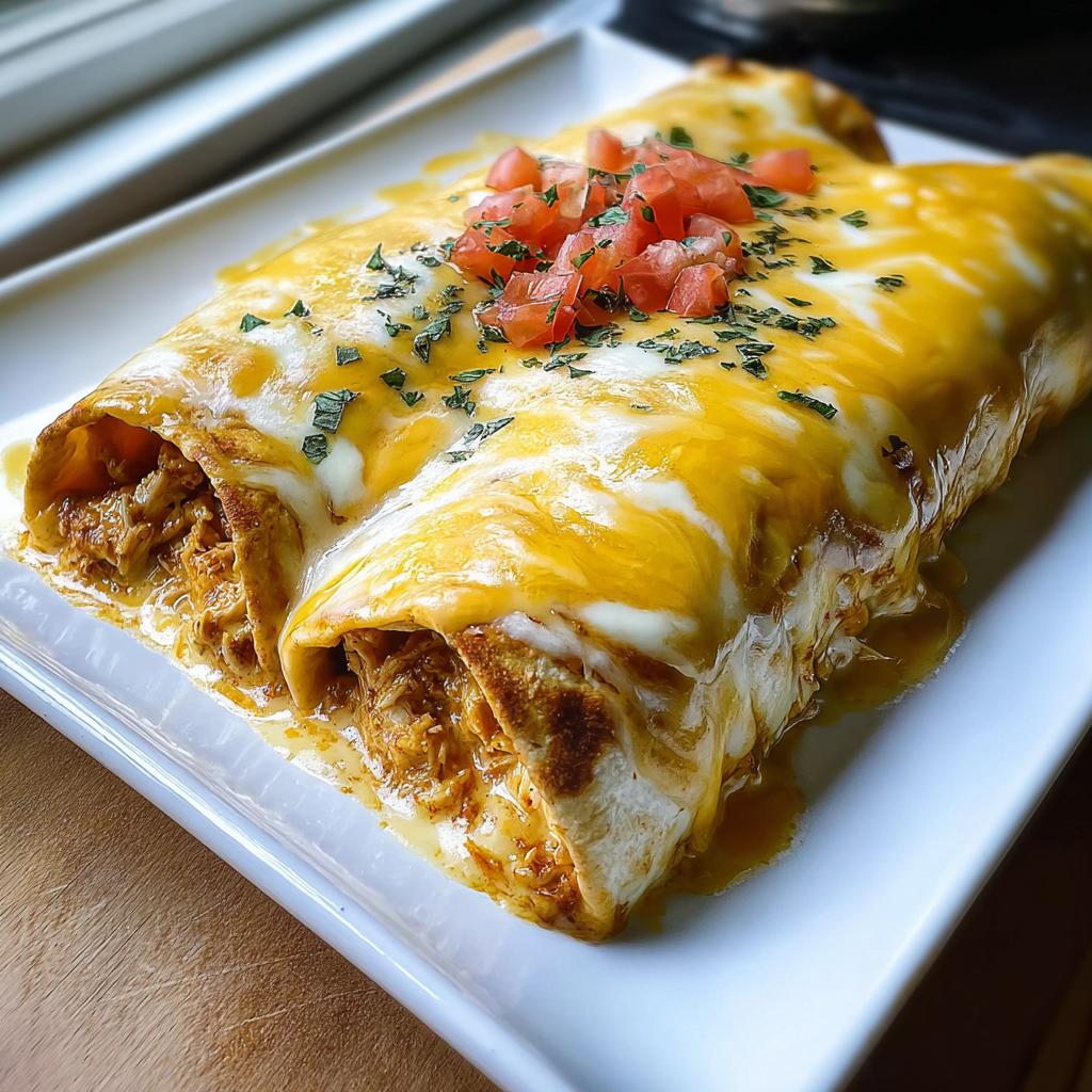 Two Creamy Queso Chicken Enchiladas smothered in melted yellow and white cheese, topped with diced tomatoes and parsley.