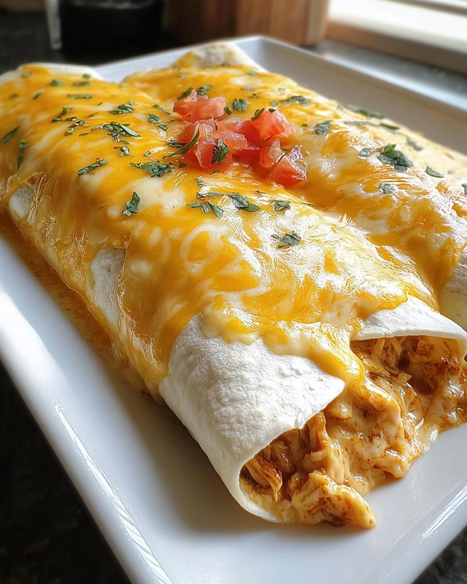 Close-up of two Creamy Queso Chicken Enchiladas covered in melted yellow cheese and topped with diced tomatoes and cilantro.