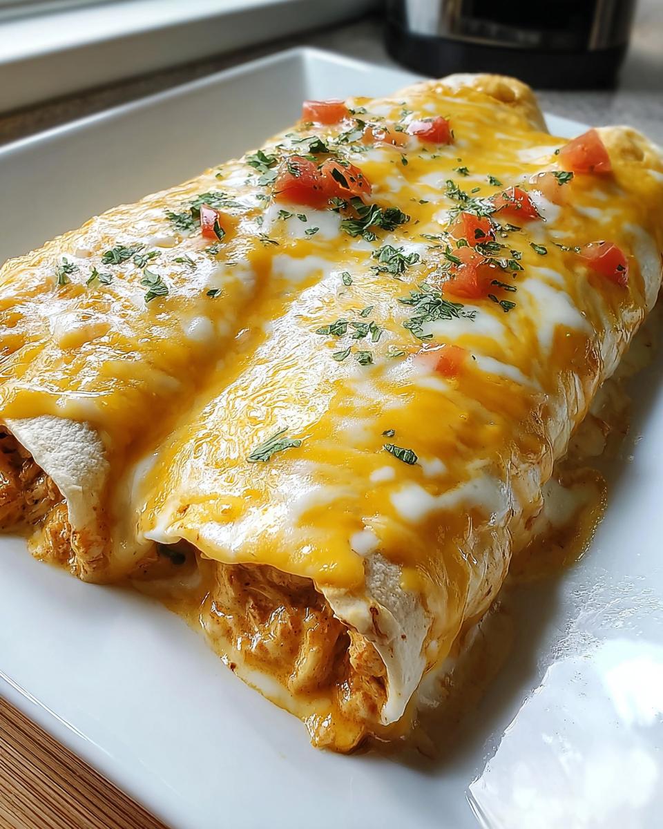 Close-up of two Creamy Queso Chicken Enchiladas covered in melted yellow and white cheese and garnished with diced tomatoes and parsley.